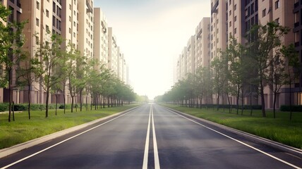 Obraz premium City Avenue with Modern Buildings - Tree-lined Street in Urban Area, Empty Road Perspective View, Cityscape and Architecture design lined architecture for residential area