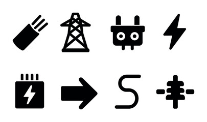 Fototapeta premium Energy and power silhouette icons set – electric, utility, renewable symbols