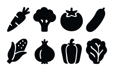 Vegetable solid icons set – silhouette, filled, gardening and cooking symbols