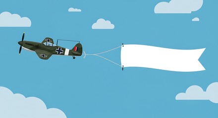 Vintage Plane Flying with Blank Banner in Cartoon Sky, Advertising Opportunity on a Sunny Day