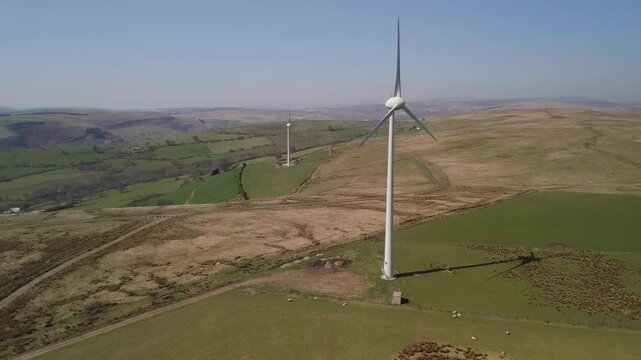 Drone Aerial View of Wind Turbines in the Welsh Mountains