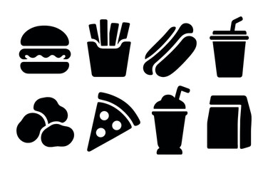 Fast food silhouette icons set – solid, filled, meal and snack symbols