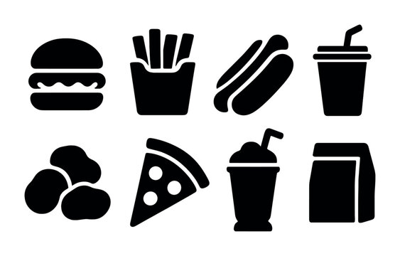 Fast food silhouette icons set &ndash; solid, filled, meal and snack symbols