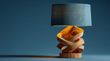 A modern table lamp made of wood with an abstract design, isolated on a blue background.