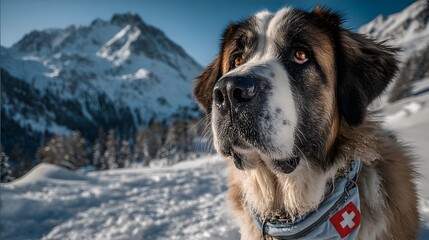 Portr&auml;t eines Bernhardiners vor verschneiter Bergkulisse in der Schweiz
