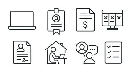 Business and office outline icons set – flat, linear, work and productivity symbols