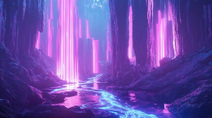 Illuminated river runs through a mysterious glowing purple landscape