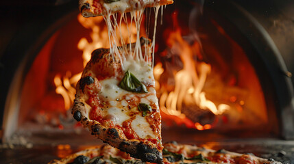 A Delectable Slice of Cheesy Pizza: A warm, inviting slice of pizza is lifted, revealing long, gooey strands of melted cheese stretching down to the remaining pie, promising a delicious and satisfying