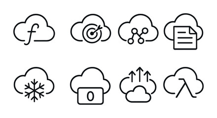 Cloud computing outline icons set – linear, simple, tech and data symbols