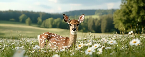 A young deer stands in a field of daisies with a forest and hills in the background under a partly cloudy sky.