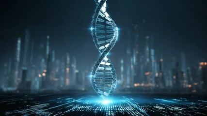 Futuristic DNA double helix structure glowing in a high-tech cityscape at night - Powered by Adobe