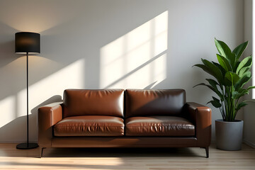 Fototapeta premium A dark brown leather sofa, next to it is a tall lamp, and on the other side is a green plant in a cement pot in the studio
