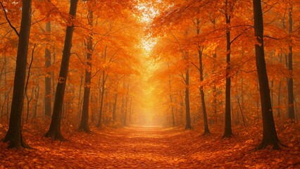 Fototapeta premium Warm sunlight filters through a misty autumn forest, creating a magical atmosphere with vibrant orange leaves covering the ground and trees