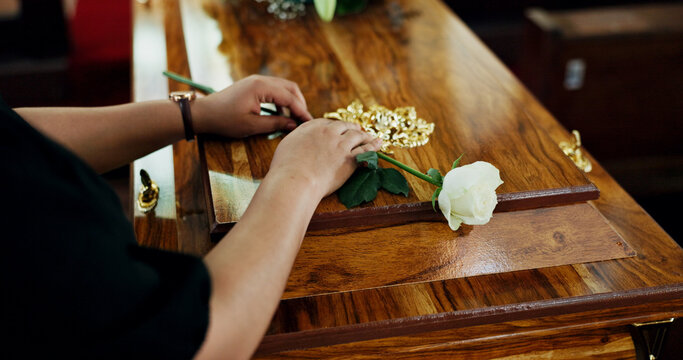 Hands, person and flower on coffin at funeral for farewell, mourning death and goodbye at burial ceremony. Sad, widow and rip with rose for casket respect, memorial service and emotional for loss