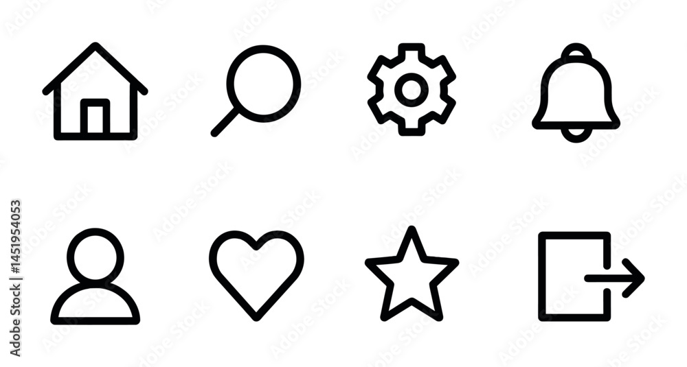 Aufkleber essential ui outline icons set – linear, minimalist design, user interface symbols