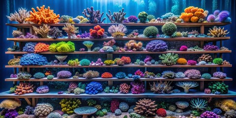 A Vibrant Underwater Coral Reef Display on Wooden Shelves Showcasing a Diverse Array of Colorful Coral Species and Unique Marine Life Forms