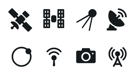Space and satellite silhouette icons set – communication, technology, orbit symbols