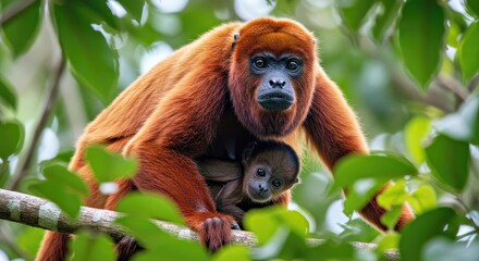 Fototapeta premium Caring Red Howler Monkey Mother Transporting Infant Through Dense Tree Canopy