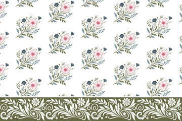 Fototapeta premium embroidery pattern design. one line sketch artwork. floral seamless border. hand drawn textile texture. outline botanical repeat. modern minimal petals
