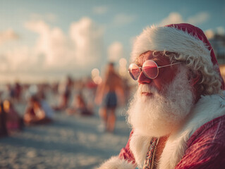 Santa Claus on the sunny beach with other beachgoers in the background celebrating an aussie christmas, generative ai