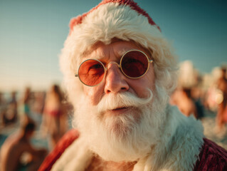 Santa Claus on the sunny beach with other beachgoers in the background celebrating an aussie christmas, generative ai
