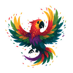 Obraz premium Colorful avian illustration: The digital artwork showcases a vibrant bird with rainbow-hued feathers in a dynamic pose, set against a clean background.