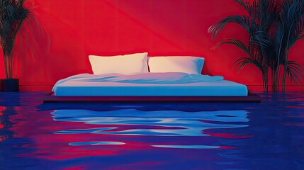 Surreal bed in flooded room with red walls and plants