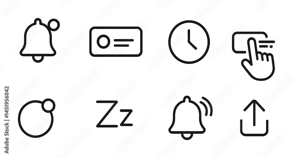 Poster notification and alert outline icons set – line, linear, app interface symbols