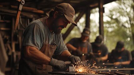 A blacksmith teaching metal forging techniques to a group of students, rustic workshop, sparks flying,