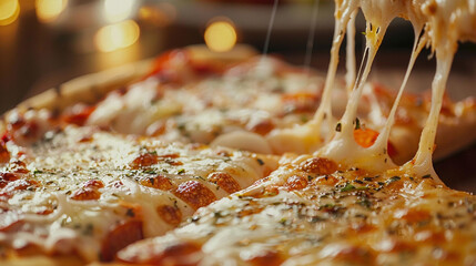 A Delectable Slice of Cheesy Pizza: A warm, inviting slice of pizza is lifted, revealing long, gooey strands of melted cheese stretching down to the remaining pie, promising a delicious and satisfying