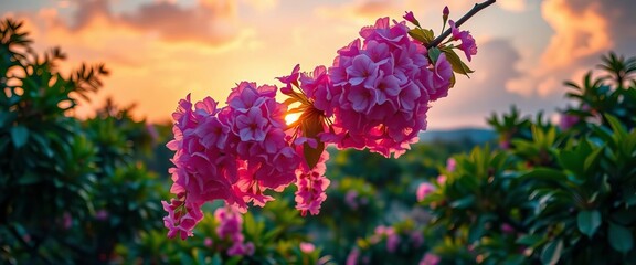 Obraz premium Vibrant cherry blossom branch cascading over lush tropical foliage against a sunset sky, cherry tree, pink