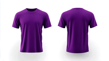 A purple-colored T-shirt, front and back view, isolated on a white background. Ultra-realistic photography.