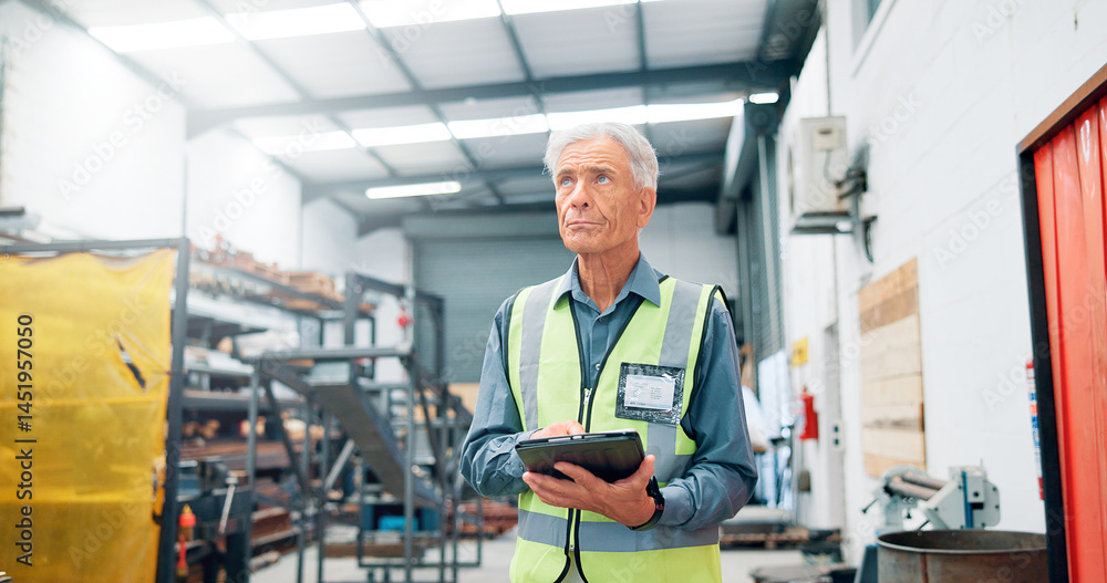 Poster Man, engineer and thinking with tablet for manufacturing, distribution schedule and problem solving. Mature operator, tech and idea in factory for inspection, industrial plant and automation software