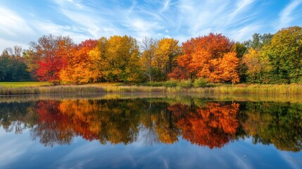 Fototapeta premium Reflections of autumn foliage in a serene lake with a vibrant sky backdrop