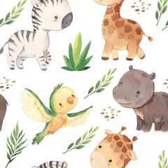 watercolor seamless pattern. Safari animals illustration for kids