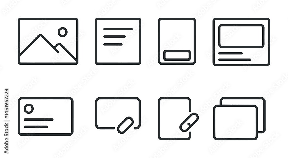 Poster file management linear icons set – outline, minimalist, document organization symbols