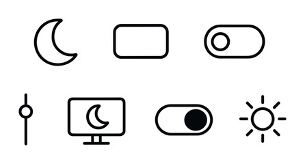 Night and day outline icons set – silhouette, moon, sun and toggle symbols