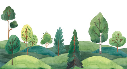 Watercolor green forest landscape illustration for kids © Olga Listopad