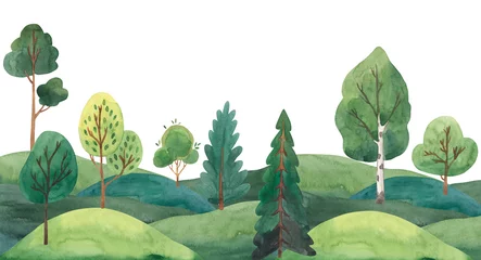 Fototapete Rund Watercolor green forest landscape illustration for kids © Olga Listopad