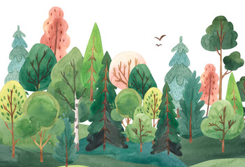 Watercolor forest landscape illustration for kids © Olga Listopad
