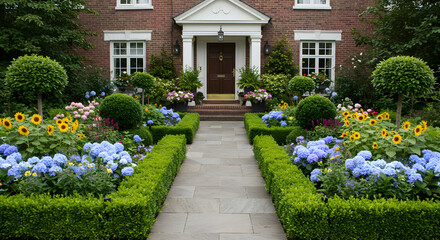 Fototapeta premium Classic English Home Facade Displaying Manicured Garden and Floral Abundance