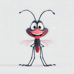 Obraz premium A cheerful cartoon mosquito stands tall, flaunting a wide smile, large eyes, and delicate wings in a bright, minimalist setting.