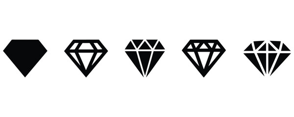 Diamond icon set. Different shapes of diamond cuts. A set of black diamond and gemstone icons isolated on a white background.