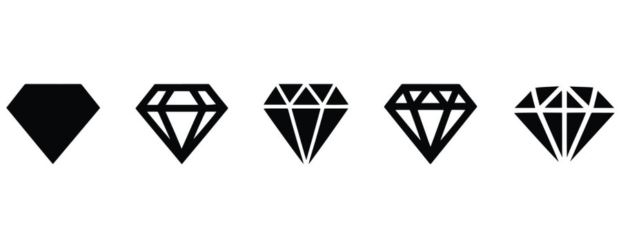 Diamond icon set. Different shapes of diamond cuts. A set of black diamond and gemstone icons isolated on a white background.