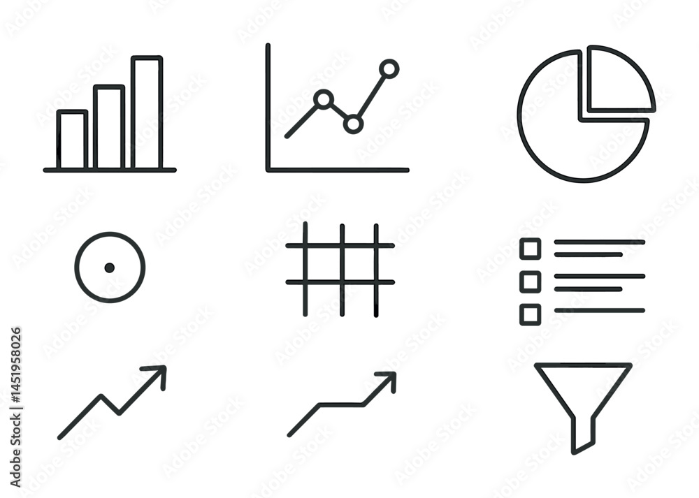 Poster data analysis outline icons set – linear, charts, graph symbols for statistics
