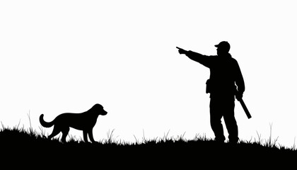 Hunter pointing in silhouette with alert dog, outdoor adventure