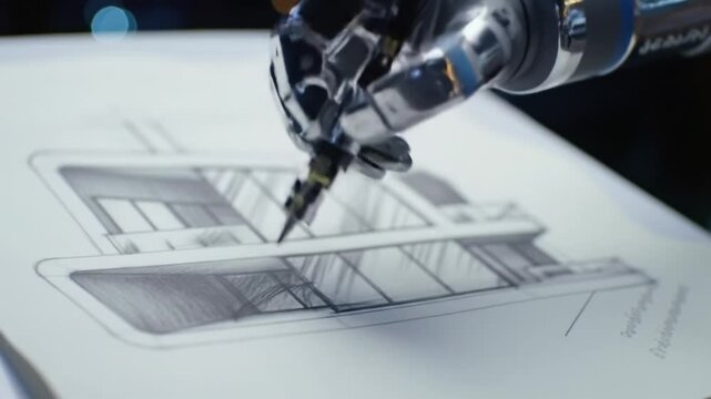 Robotic hand creating architectural designs with precision in modern studio