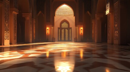 Grand, ornate hall with arched doorway, illuminated by sunlight.