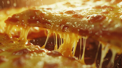 A Delectable Slice of Cheesy Pizza: A warm, inviting slice of pizza is lifted, revealing long, gooey strands of melted cheese stretching down to the remaining pie, promising a delicious and satisfying