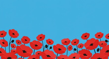 Vibrant Red Poppy Flowers Border Against Azure Sky Background, Rendered in a Modern, Stylized Vector Graphic Illustration, Ideal for Remembrance Day and Patriotic Themes